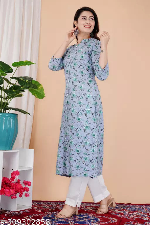 Shree Ganeseh Fashion Rayon Printed Stylish Gray Kurti Dress For Women/Girls