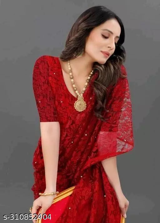 Belt Style Net Red Ready To Wear Sarees With Unstich Blouse