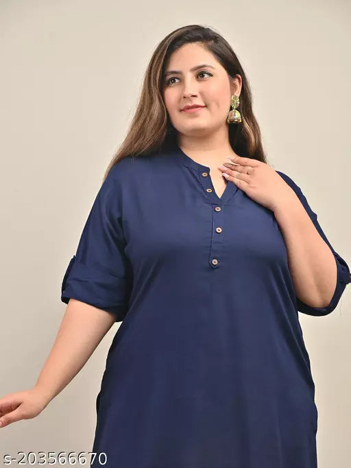 Plus Size-Swasti Women Printed Rayon Straight Short Tops & Tunics (Blue)