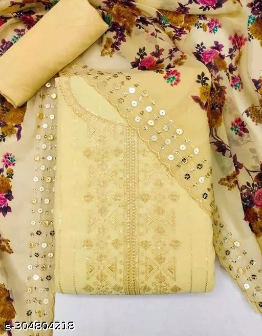 Women's NEW Unstiched fancy Georgette Multiwork Suits Sequence Embroidered Party Wear Best Of Salwar Suits & dress Materials Lemon Yellow Colours