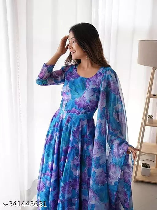 QVAZOR Stylish Fancy Trendy Printed Georgette Gown For Women For Party Wedding Festival Functions