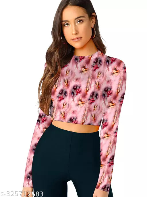 Western Printed Round Neck Crop Top