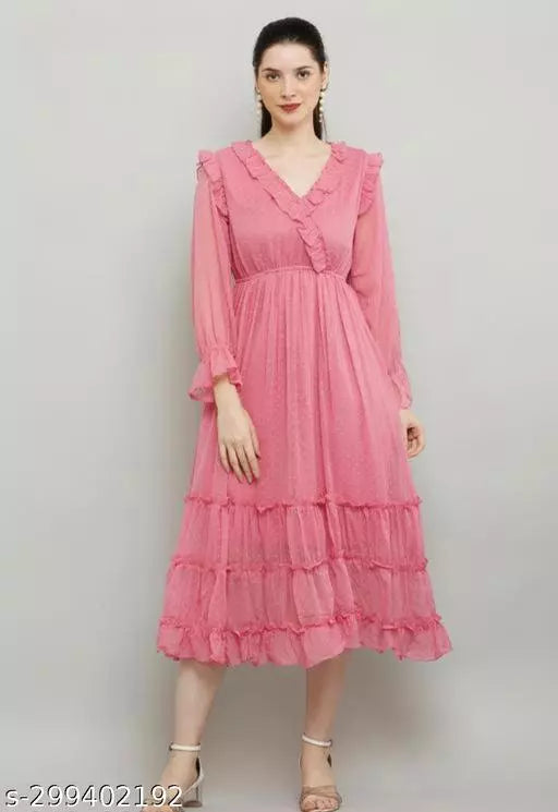 V Neck Long Dress For Women Georgette Fabrie