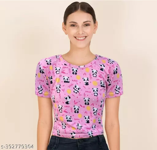 Trendy Feminine Printed Crop Tshirt Round Neck Top For Womens