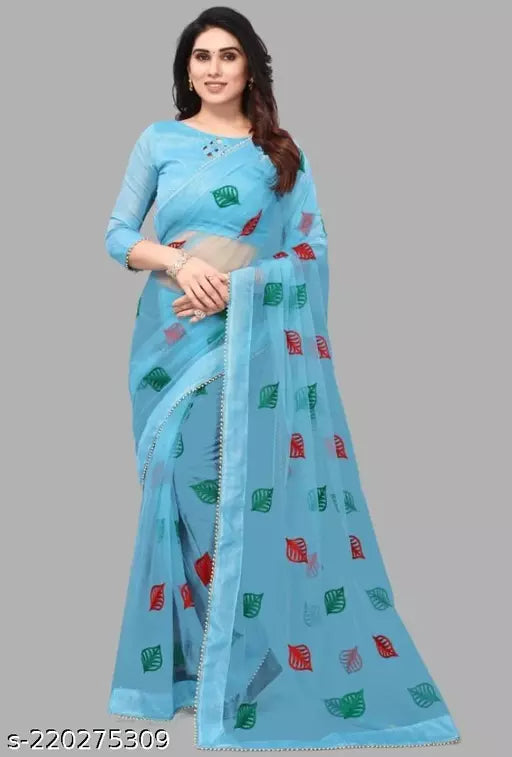 New Trending Fancy Net Saree Keri Design Aqua Blue