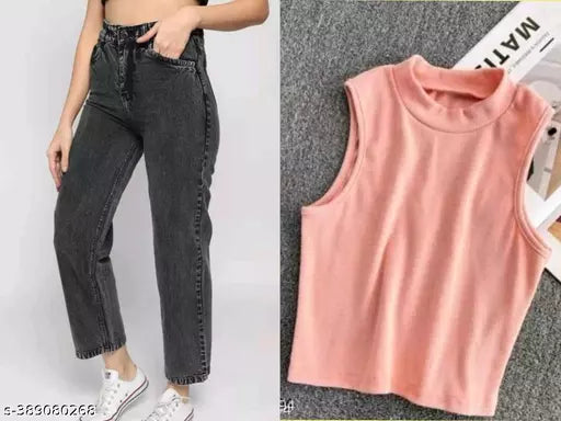 JKP COLLECTION Women & Girl Casual Top & Jeans Set Top Fabric Cotton Lycra Pattern Solid Sleeveless Bottom Fabric Denim Pattern Solid Full Lenth Sleeve In Color Baby Pink Black