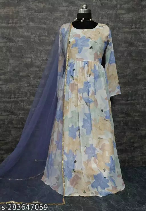 QVAZOR Stylish Fancy Trendy Printed Georgette Gown For Women For Party Wedding Festival Functions