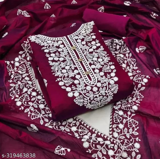 Purple Chanderi Cotton Unstiched Chudidar Patiala Punjabi ChainStich Work Embroidered Party Wear Salwar Suits & Dress Materials