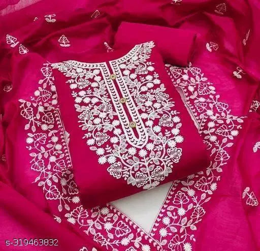 Red Chanderi Cotton Unstiched Chudidar Patiala Punjabi ChainStich Work Embroidered Party Wear Salwar Suits & Dress Materials