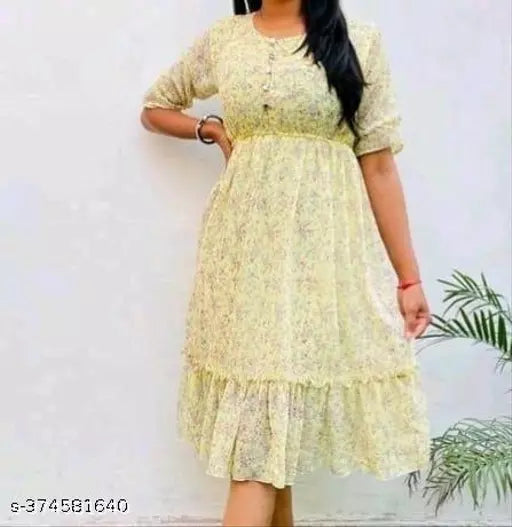 Simran Collections Womens & Girls A-Line Dress Casual Wear & Short Sleeve Dress Fabric Cotton In Color Yellow