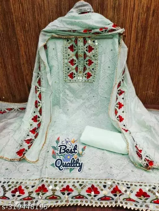 Unstiched Party Wear Chanderi Cotton Mirror Work Pista MintGreen Colour Salwar Suits & Dress Materials