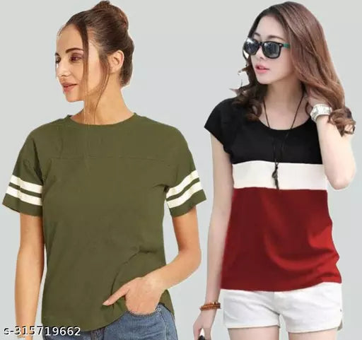 Women Color Block & Striped HALF Sleeve Designer hooded casual wear Top for women and Girls