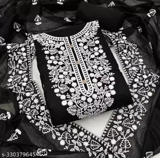 Aayegi Sensationable Trendy Black Chanderi Cotton Unstiched Chudidar Patiala Punjabi ChainStich Work Embroidered Party Wear Salwar Suits & Dress Materials