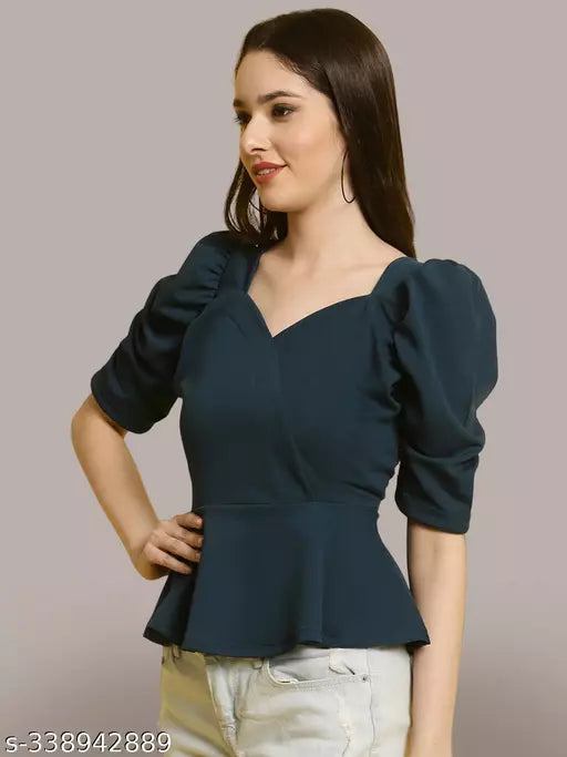 Sweetheart Neck Puff Sleeves Peplum Top (Women Top | Women Tops | Top)