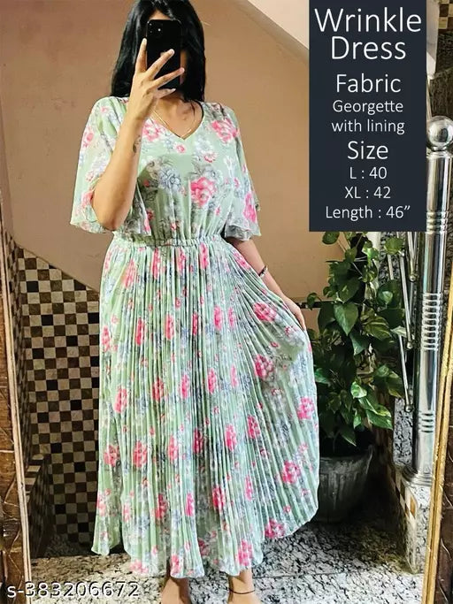 JKP COLLECTION Women's Green Georgette Floral Printed Fit & Flared V Neck Short Sleeve Western Dress - Colour - Green
