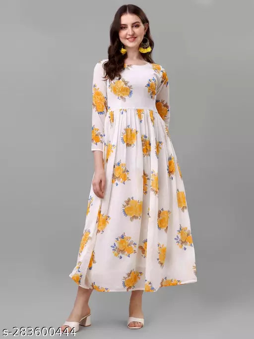 QVAZOR Stylish Fancy Trendy Printed Georgette Gown For Women For Party Wedding Festival Functions