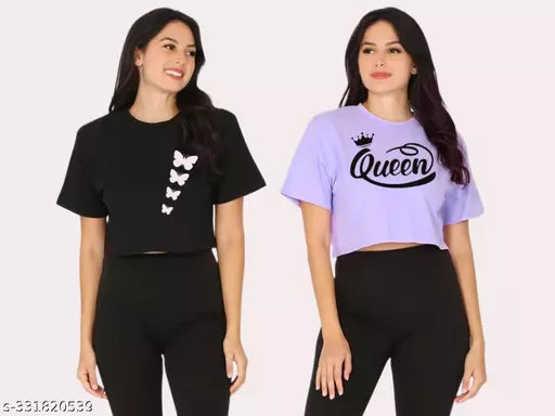 Trendy Feminine Printed Crop Tshirt Round Neck Top For Womens(Pack Of 2)