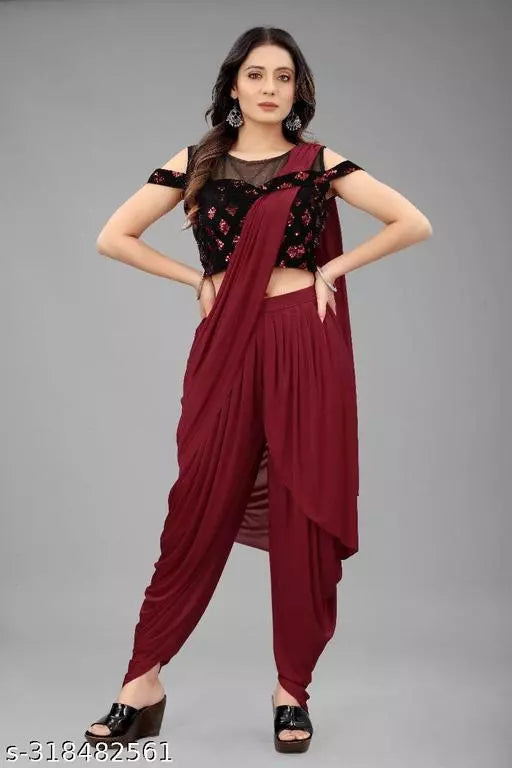 Ready To Wear Lycra Dhoti Style Fancy Party Wear Sarees Red Colour Sarees with sequance blouse BY Kraddle