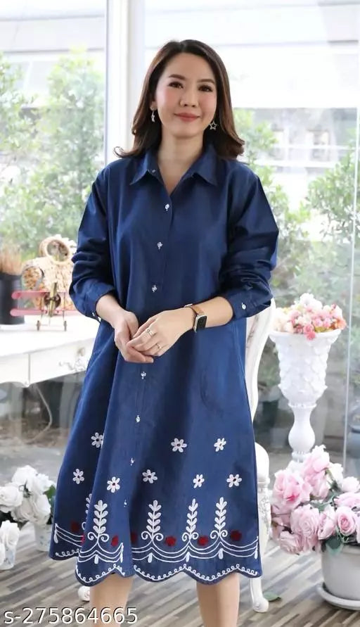 Bottom Embroidery Denim Dress with Side Pockets