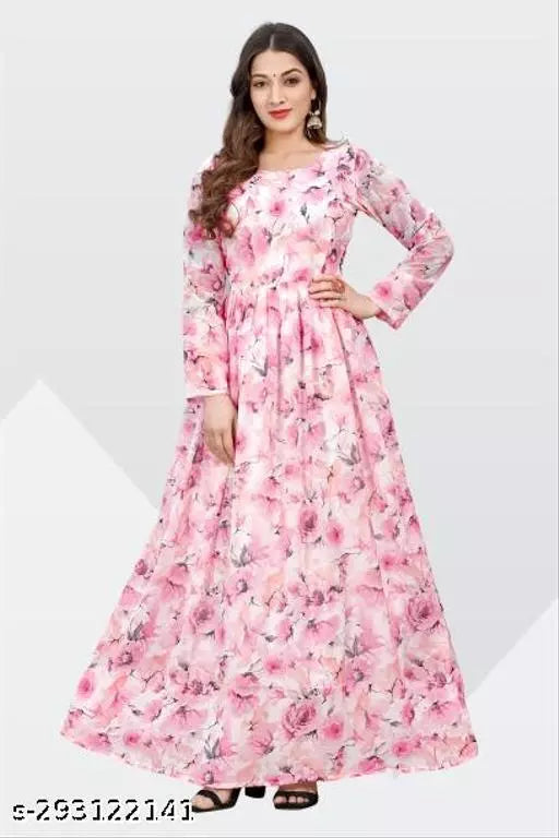 QVAZOR Stylish Fancy Trendy Printed Georgette Gown For Women For Party Wedding Festival Functions