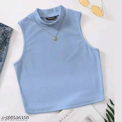Women Blue Ribbed Modal-Blend Top