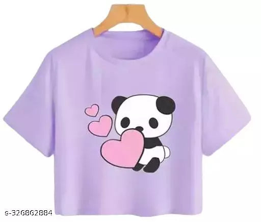 Trendy Feminine Printed Crop Tshirt Round Neck Top For Womens