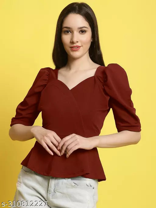 Sweetheart Neck Puff Sleeves Peplum Top (Women Top | Women Tops | Top)