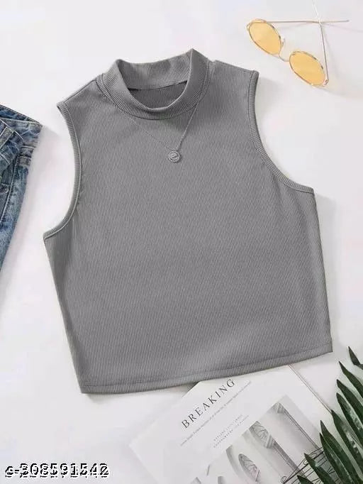 Women grey Ribbed Modal-Blend Top