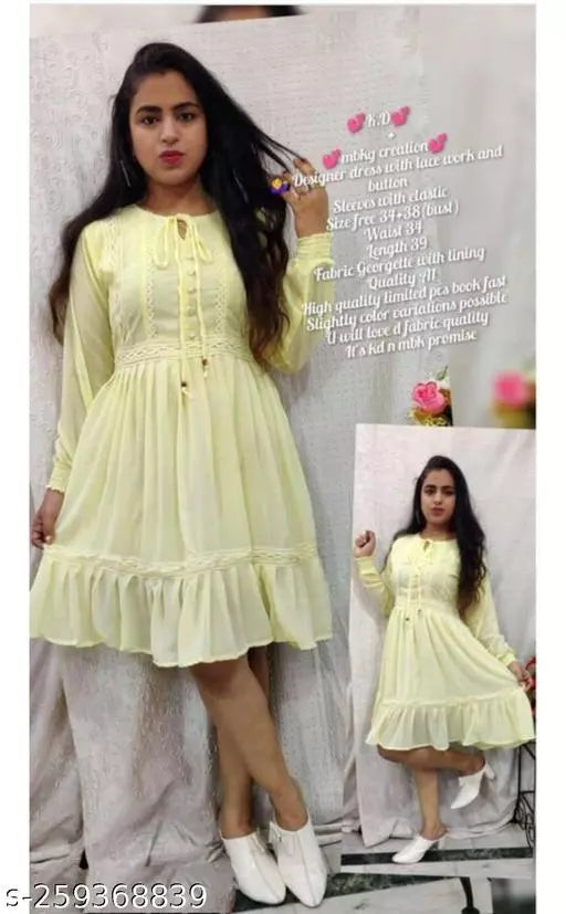 Georgette Embroidery Girls Womens Dress with Lace Midi Dress