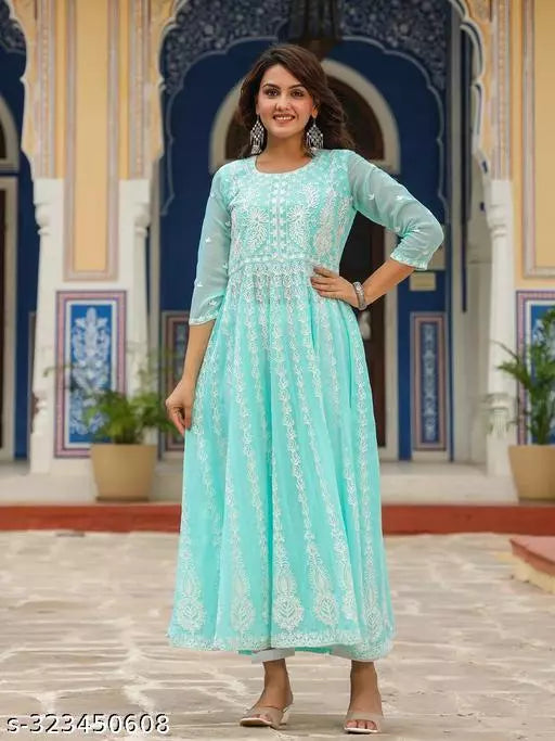Anni Designer Women's Sea Green Anarkali Floral Embroidered Kurti