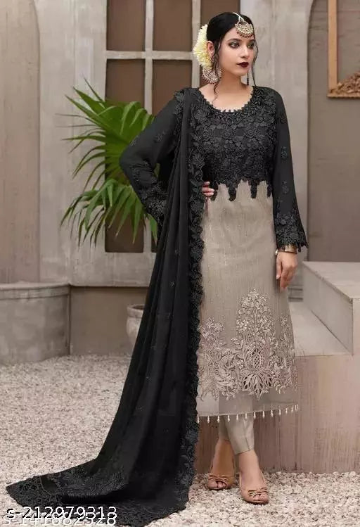 Pakistani Look Women's Faux Georgette Embroidery Work Semi-stitched kurta(Dress Matirial) With Unstiched Bottom and dupatta