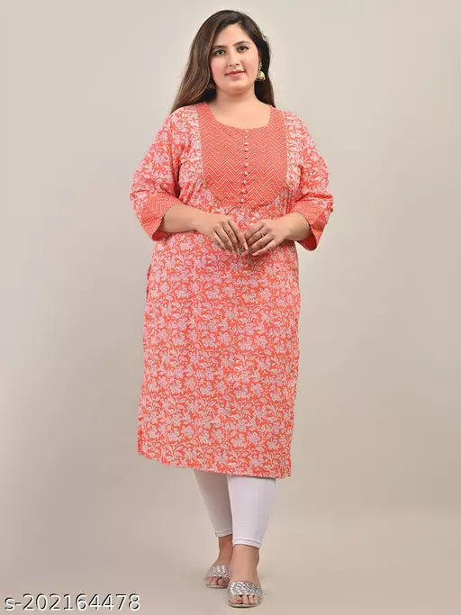 Swasti Plus Size Women Printed Floral Print Pure Cotton Straight Kurta (Coral)