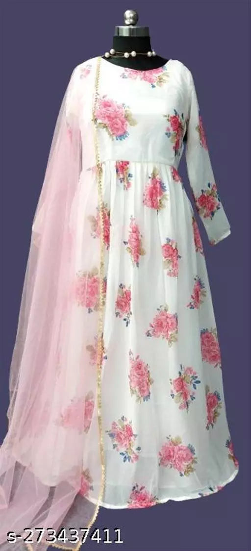 QVAZOR Stylish Fancy Trendy Printed Georgette Gown For Women For Party Wedding Festival Functions