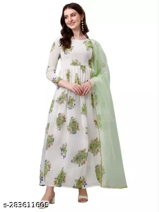 QVAZOR Stylish Fancy Trendy Printed Georgette Gown For Women For Party Wedding Festival Functions