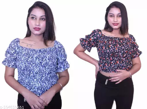 WOMEN CROP TOPS WITH FLORAL PRINTED AND STYLISH NECK