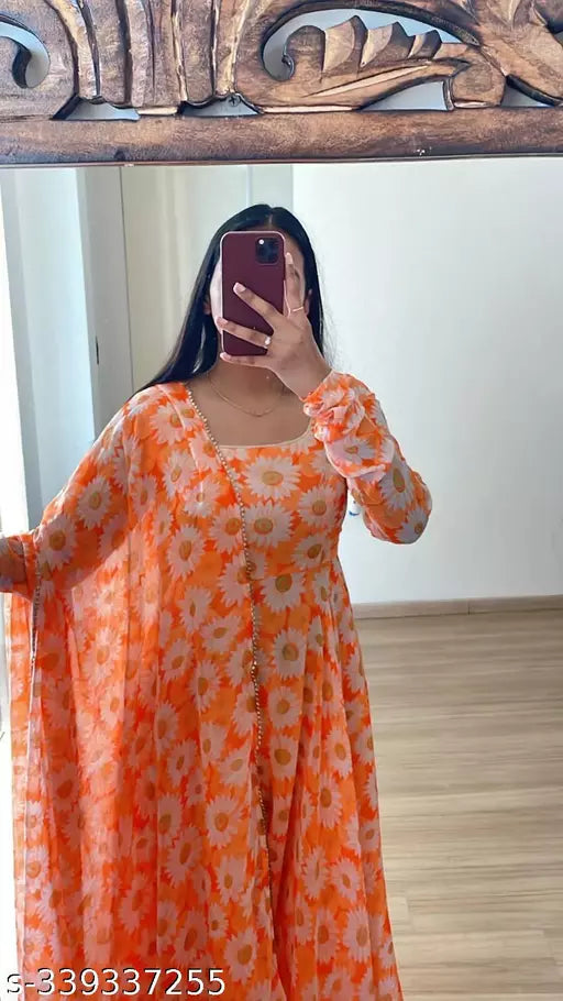 QVAZOR Stylish Fancy Trendy Printed Georgette Gown For Women For Party Wedding Festival Functions