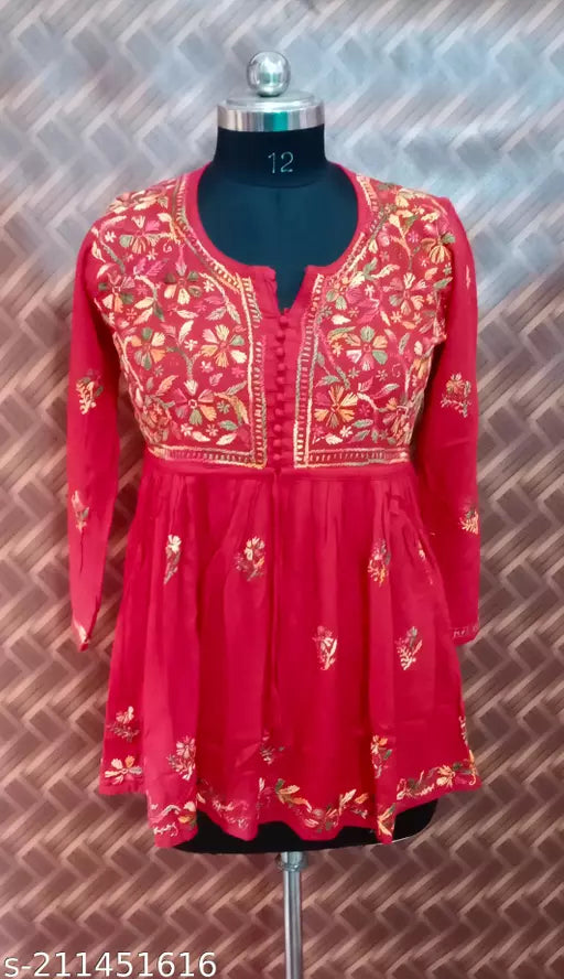 Fancy Chikankari Handwork Rayon Short Frock.