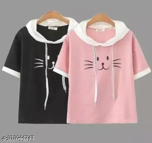 Women Funky Printed Hooded HALF Sleeve Designer Party wear Top for women and Girls Combo