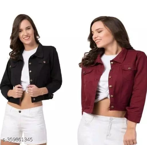 Jkp Collections Women's & Girl's Combo Denim Jacket Casual Solid Full Sleeve Jacket In Color Maroon::Black