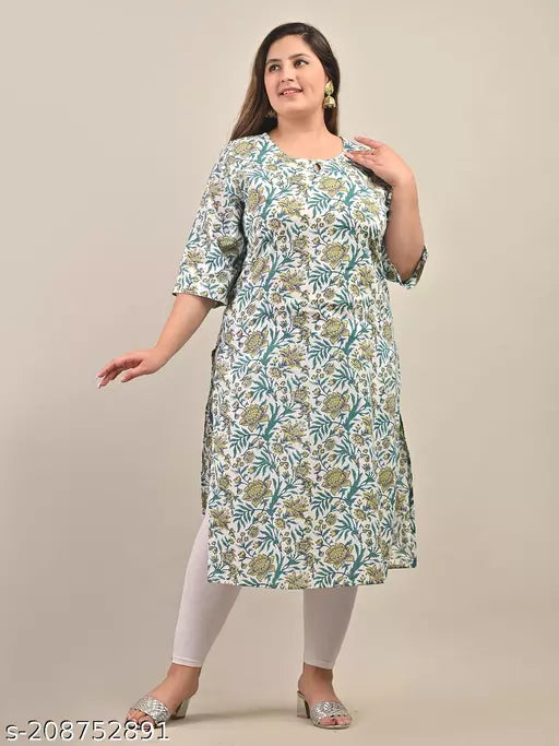 Swasti Women Plus Size Printed Floral Print Pure Cotton Straight Kurta (White)