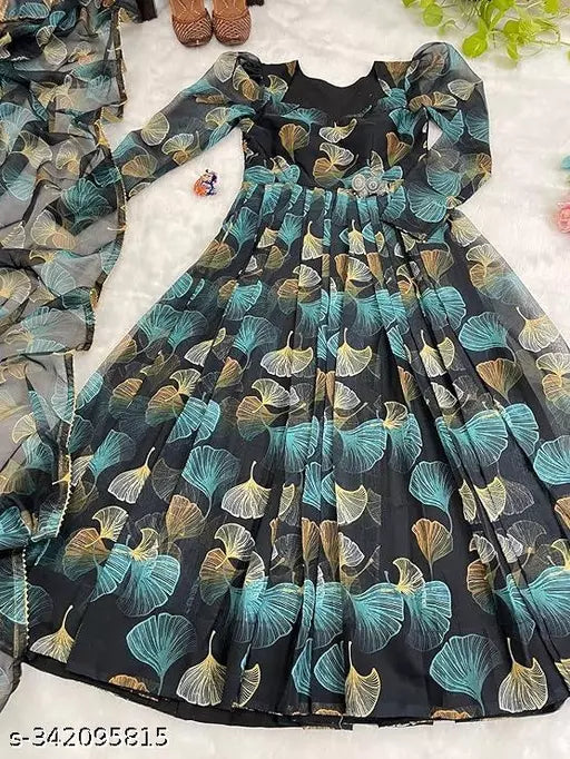 QVAZOR Stylish Fancy Trendy Printed Georgette Gown For Women For Party Wedding Festival Functions