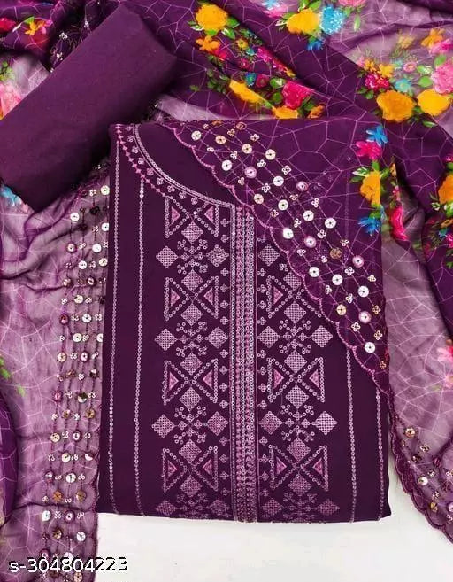 Women's NEW Unstiched fancy Georgette Multiwork Suits Sequence Embroidered Party Wear Best Of Salwar Suits & dress Materials Purple Colours