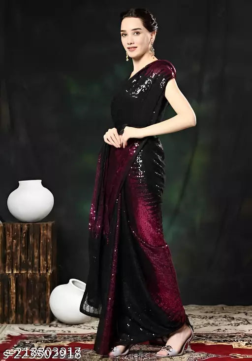 NEW LAUNCHING SUPER HIT PURPLE DESIGNER SEQUANCE Georgette SAREES BY KRADDLE