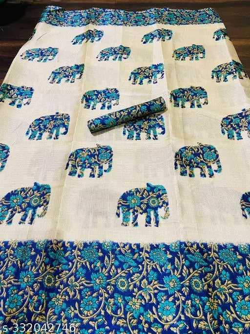 ELEPHANT PRINTED KHADI SILK BLENDED LIGHT WEIGHT COMFERTABLE WEAR SAREE WITH BLOUSE