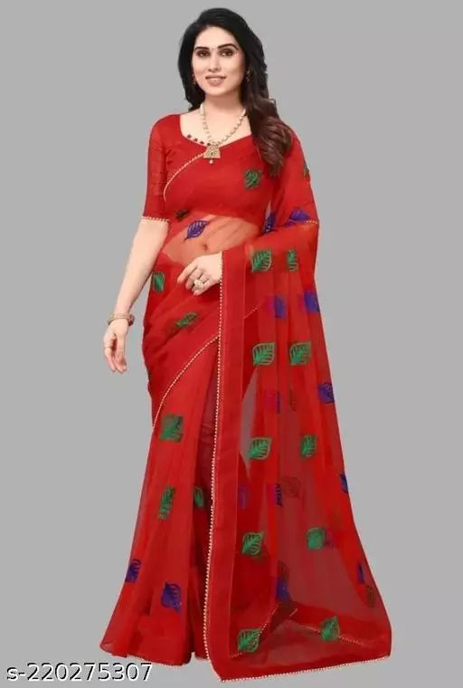New Trending Fancy Net Saree Keri Design Red