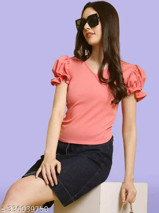 Women Pink Solid Puff Sleeve Wrap Top (Women Top | Women Tops | Top)