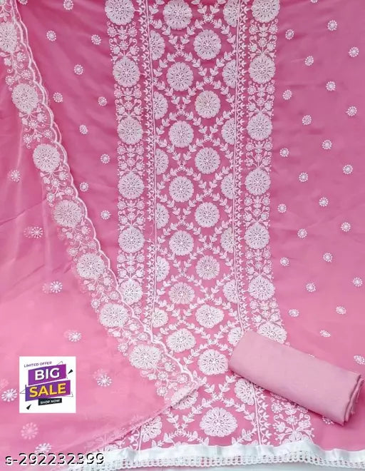 New Hit Fancy Embroidered Double Layer Thread work Unstiched Salwar Suits & dress Materials Pink Colour