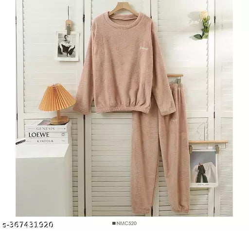 Winter pink solid night dress for women