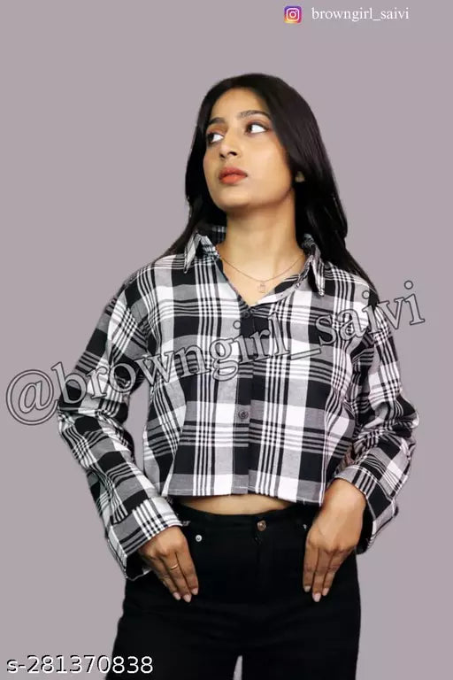 Stylish Women's Cotton Checkered Crop Shirt in Black and White