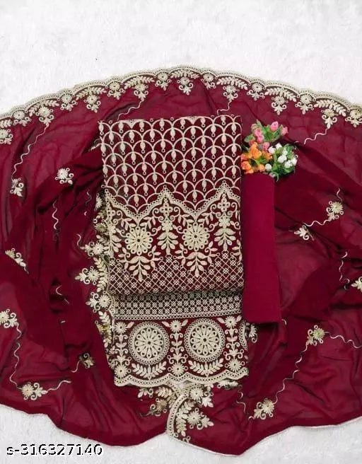 Women's Super Festival Wear Maroon Floral Patiala Embroidered Sequence Work Georgette Salwar Suit & Dress Materials